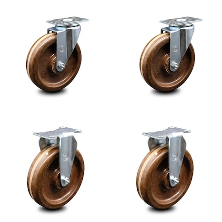 6 Inch High Temp Phenolic Wheel Swivel Top Plate Caster Set With 2 Rigid SCC